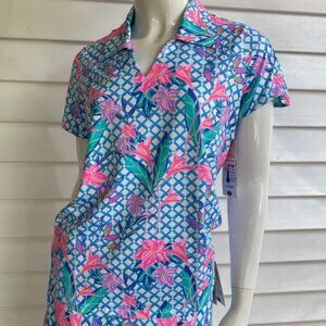 Lulu-B Ladies Floral Print Short Sleeve Collar Top w/ UPF50+ Sun Protection